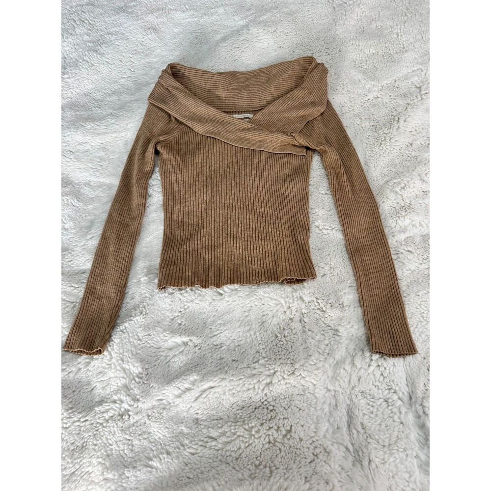 Anthropologie Brown Ribbed Crossover Wrap Neck Long Sleeve Top S Y2K